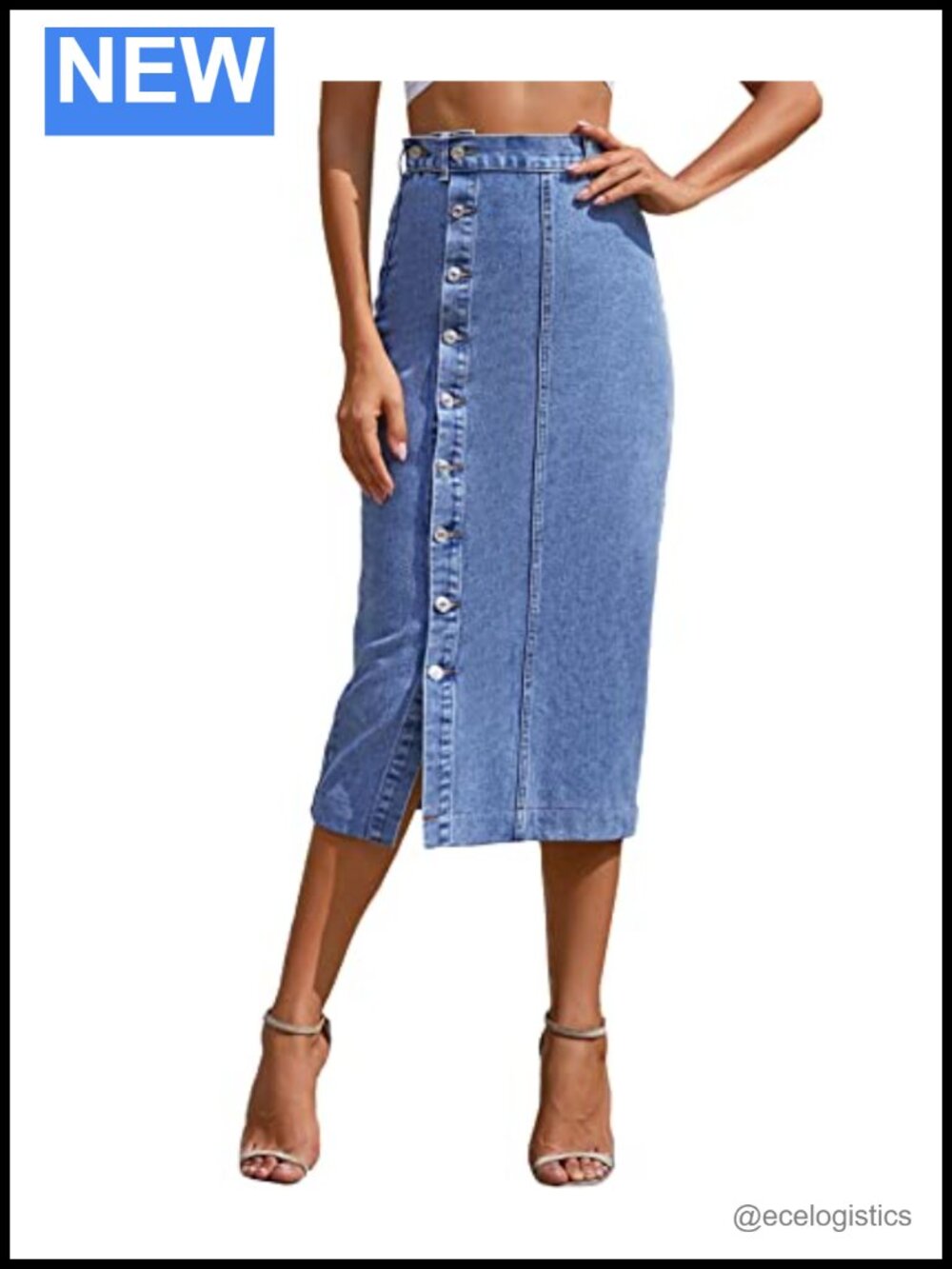 High Waist Midi Denim Skirt Bodycon Slim Fit Button Down with Slit